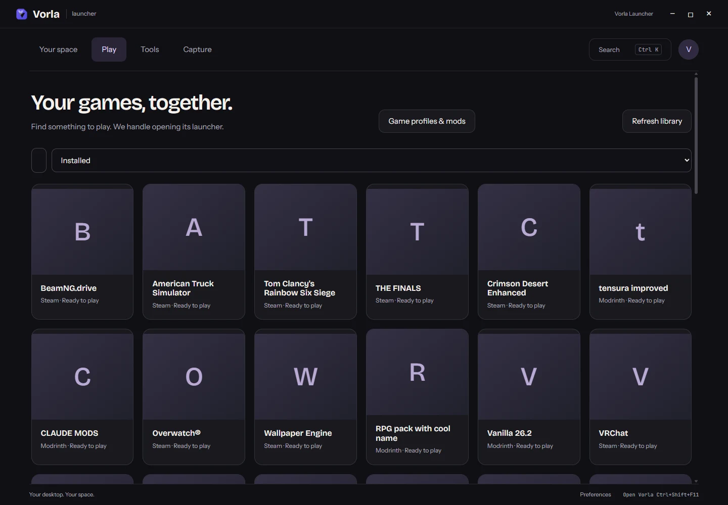Vorla Launcher game library with search, filters and installed games
